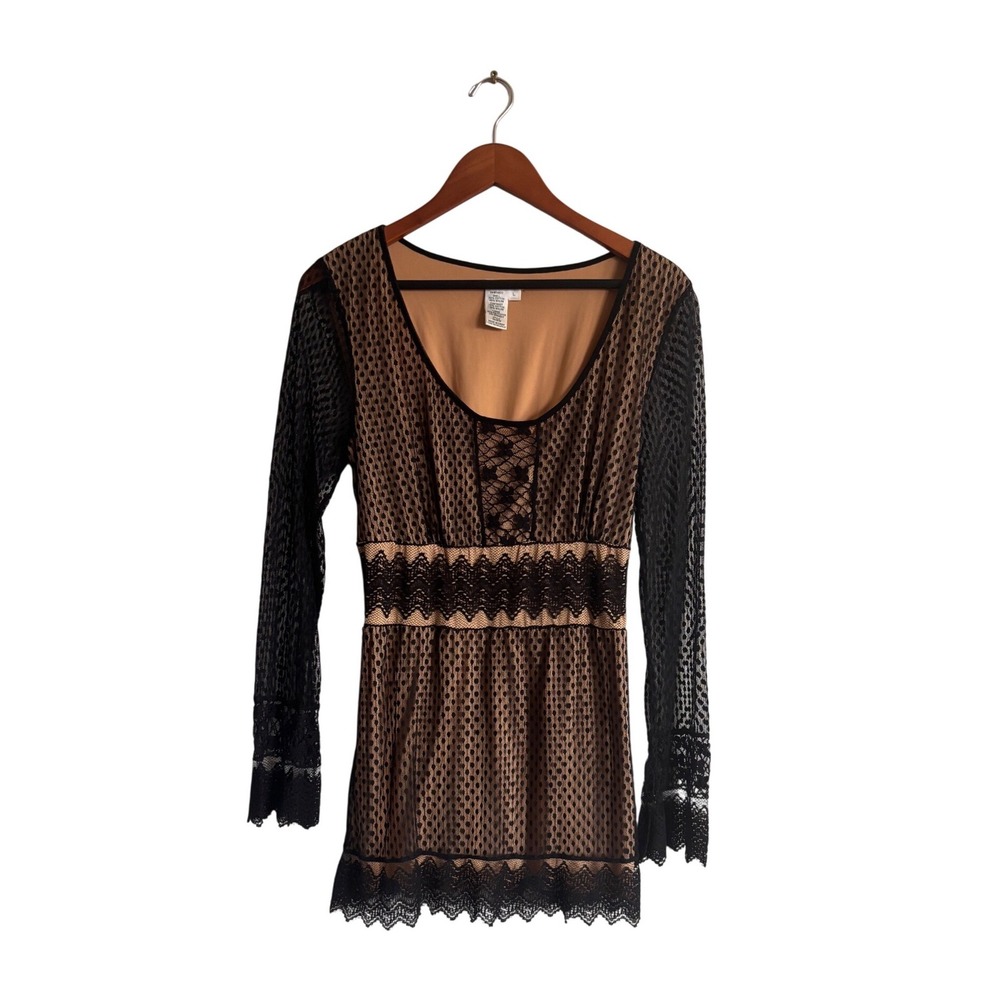 Sophie Max Black Lace‎ Crochet Trim Long Sleeve Tunic Top Tan Lining 2B11876 L
